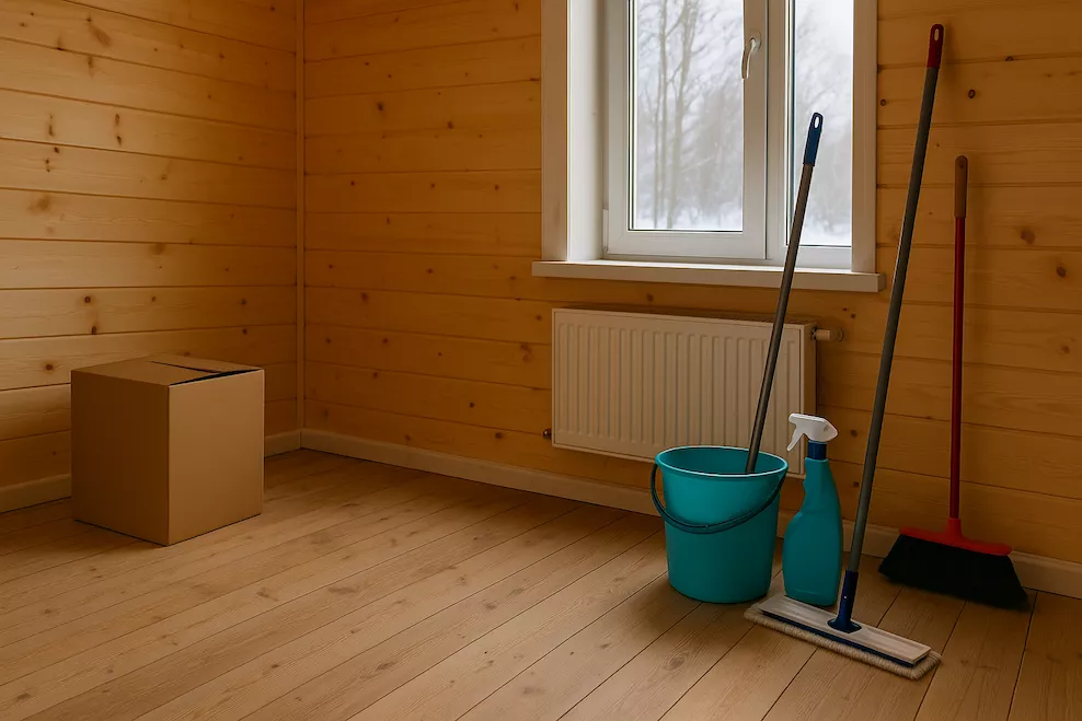 “Tom sommarstuga med städutrustning och vinteranda – symboliserar städning och förberedelse av fritidshus inför vintersäsongen med fokus på renhet, ordning och skydd mot kyla”